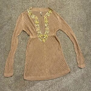 Knitted swimsuit coverup with beqded neckline